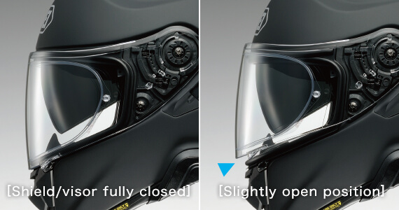Shield/visor fully closed and Slightly open position